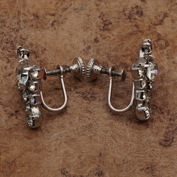 1960 Art Deco Style Chevron Crystal Cluster Stud Earrings Screw Back - Picture 7 of 8